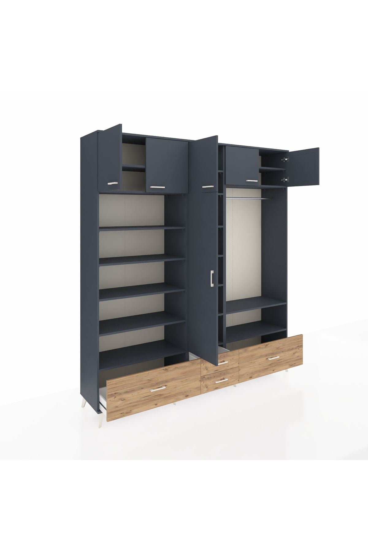 Hyperion Dolap 18 Raflı 4 Çekmeceli Tek Askılı 220x44x243 Antrasit-Antrasit/Çam