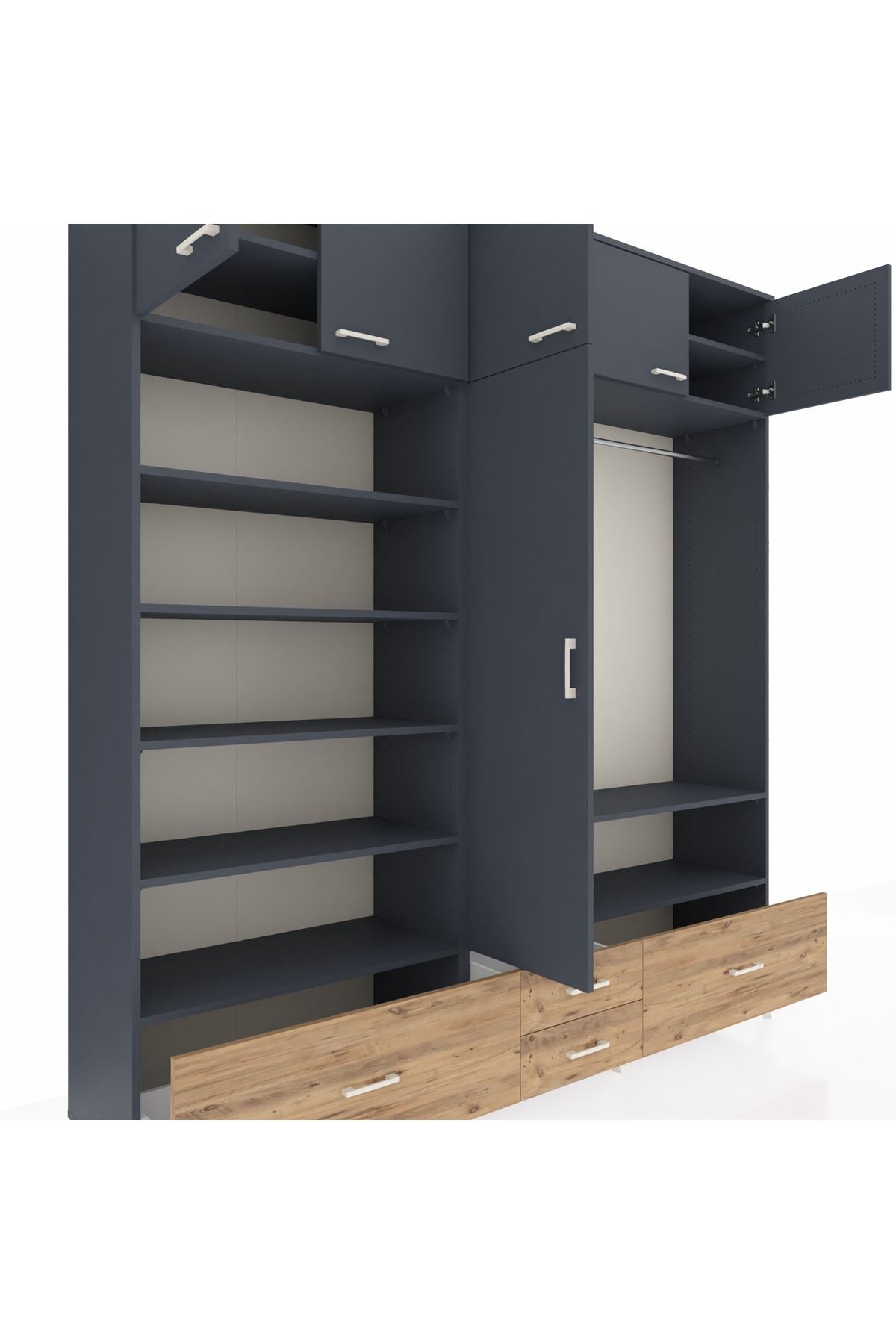 Hyperion Dolap 18 Raflı 4 Çekmeceli Tek Askılı 220x44x243 Antrasit-Antrasit/Çam