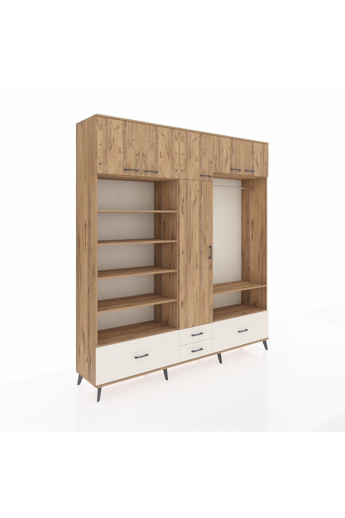 Hyperion Dolap 18 Raflı 4 Çekmeceli Tek Askılı 220x44x243 Çam-Çam/Aytaşı