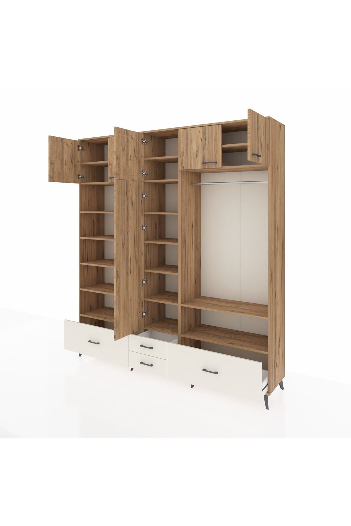 Hyperion Dolap 18 Raflı 4 Çekmeceli Tek Askılı 220x44x243 Çam-Çam/Aytaşı