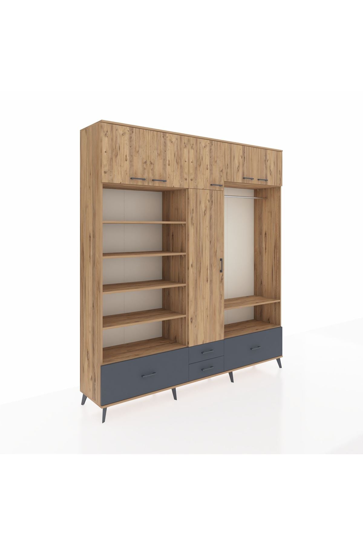 Hyperion Dolap 18 Raflı 4 Çekmeceli Tek Askılı 220x44x243 Çam-Çam/Antrasit