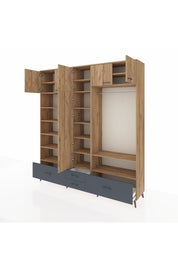 Hyperion Dolap 18 Raflı 4 Çekmeceli Tek Askılı 220x44x243 Çam-Çam/Antrasit