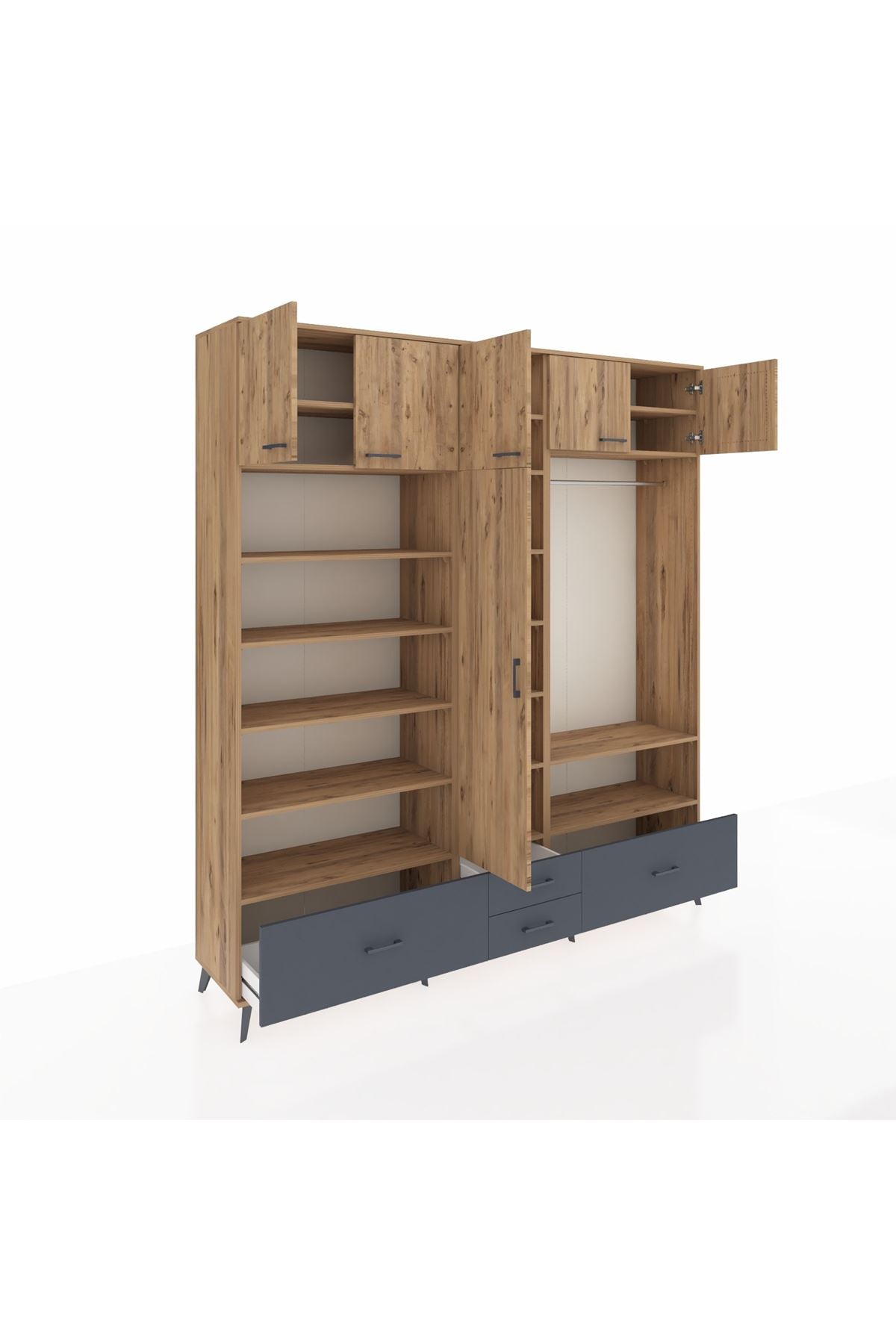 Hyperion Dolap 18 Raflı 4 Çekmeceli Tek Askılı 220x44x243 Çam-Çam/Antrasit