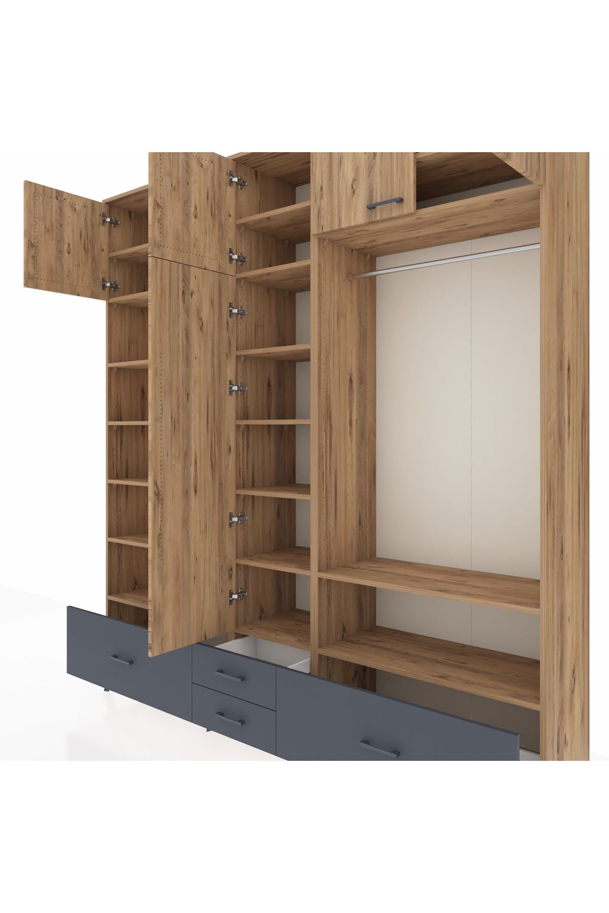 Hyperion Dolap 18 Raflı 4 Çekmeceli Tek Askılı 220x44x243 Çam-Çam/Antrasit