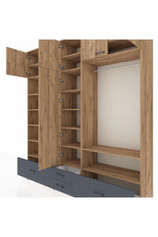Hyperion Dolap 18 Raflı 4 Çekmeceli Tek Askılı 220x44x243 Çam-Çam/Antrasit
