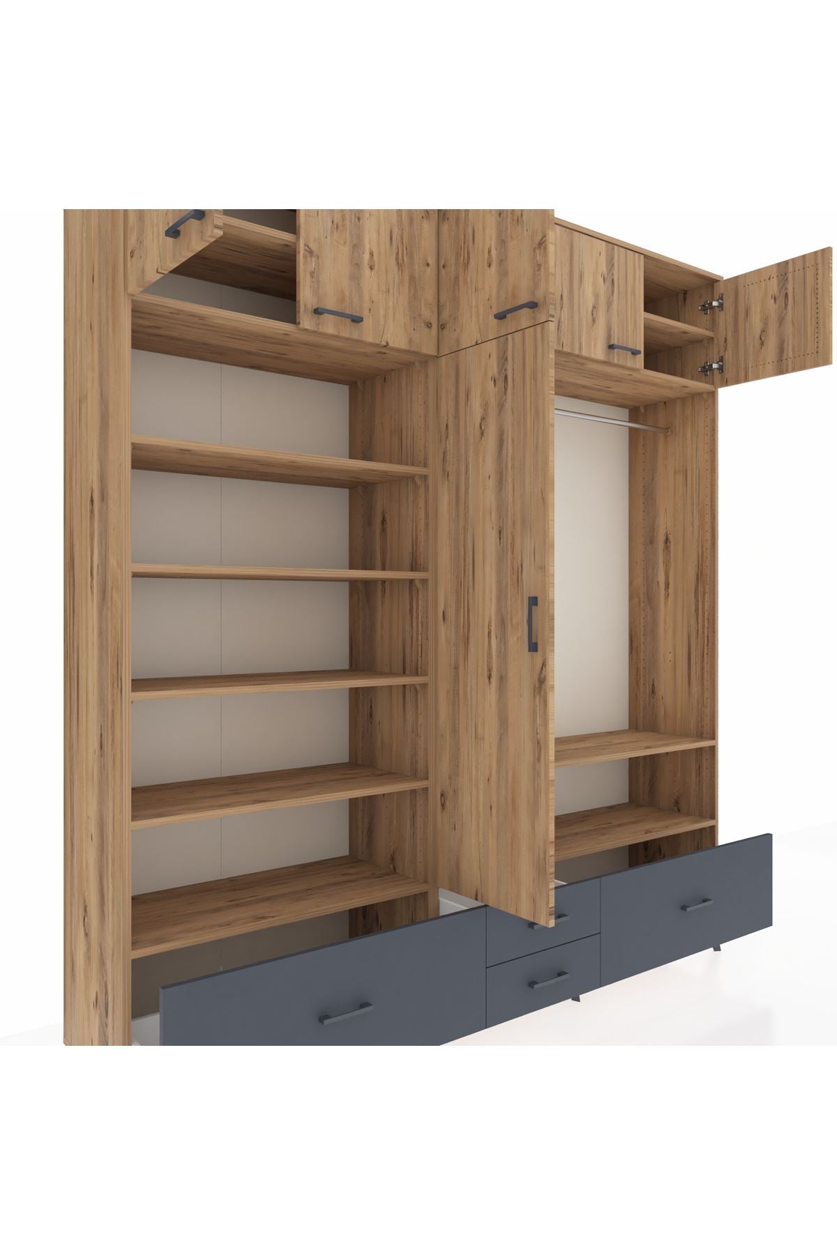 Hyperion Dolap 18 Raflı 4 Çekmeceli Tek Askılı 220x44x243 Çam-Çam/Antrasit