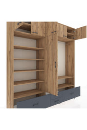Hyperion Dolap 18 Raflı 4 Çekmeceli Tek Askılı 220x44x243 Çam-Çam/Antrasit