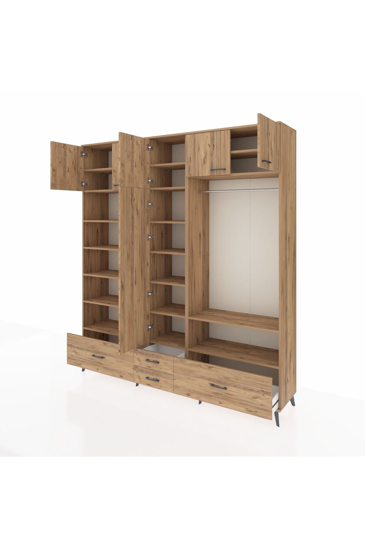 Hyperion Dolap 18 Raflı 4 Çekmeceli Tek Askılı 220x44x243 Çam-Çam/Çam