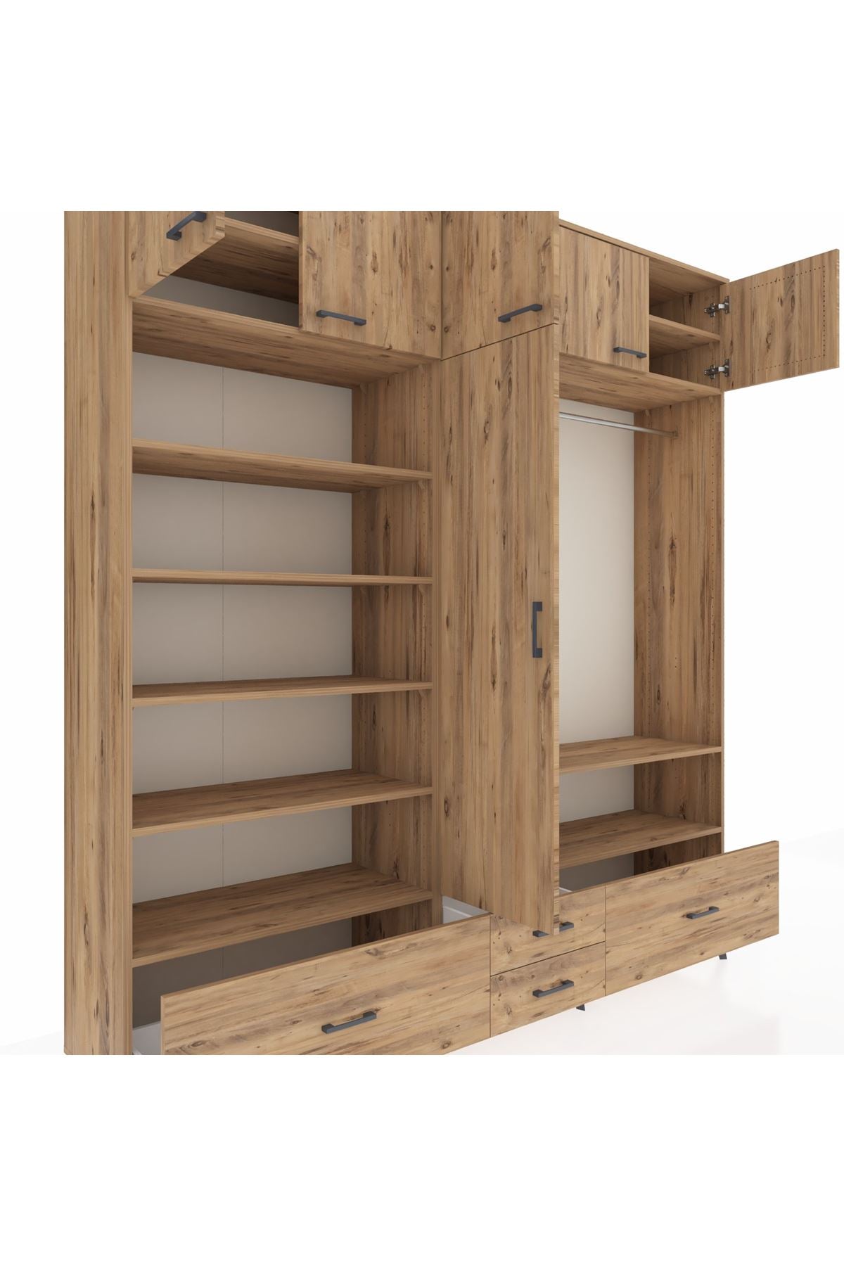 Hyperion Dolap 18 Raflı 4 Çekmeceli Tek Askılı 220x44x243 Çam-Çam/Çam