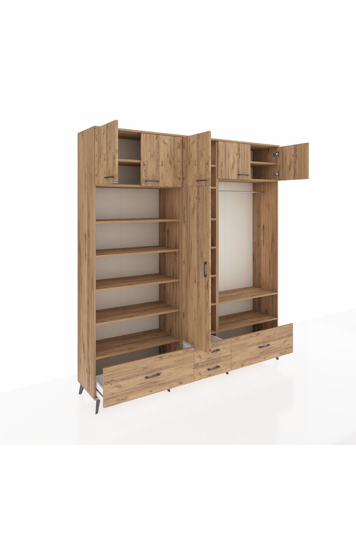 Hyperion Dolap 18 Raflı 4 Çekmeceli Tek Askılı 220x44x243 Çam-Çam/Çam