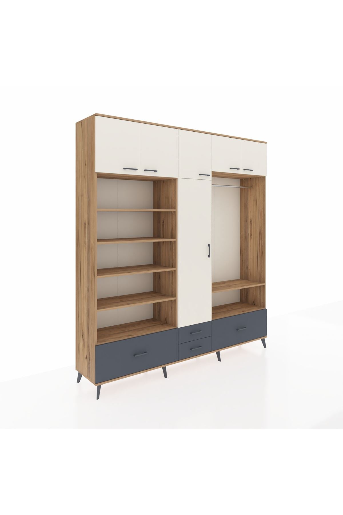 Hyperion Dolap 18 Raflı 4 Çekmeceli Tek Askılı 220x44x243 Çam-Aytaşı/Antrasit