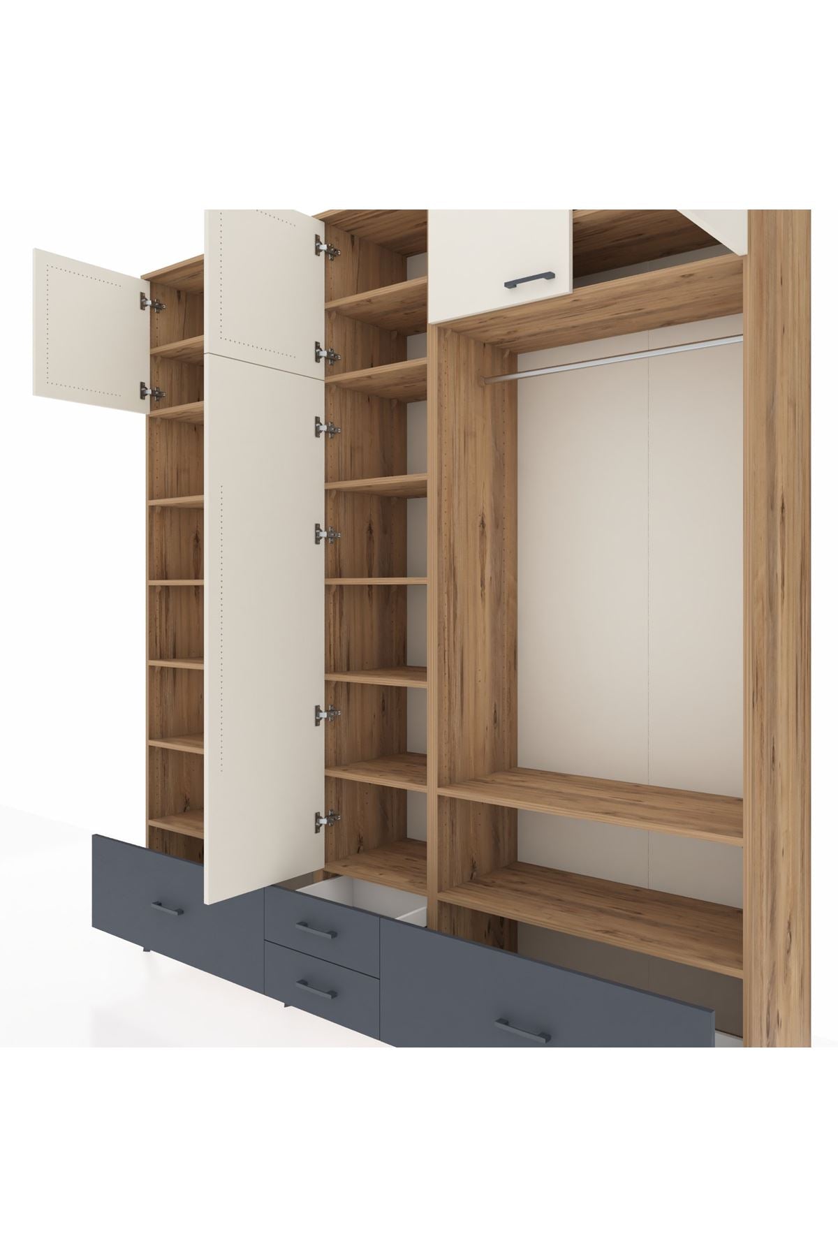 Hyperion Dolap 18 Raflı 4 Çekmeceli Tek Askılı 220x44x243 Çam-Aytaşı/Antrasit