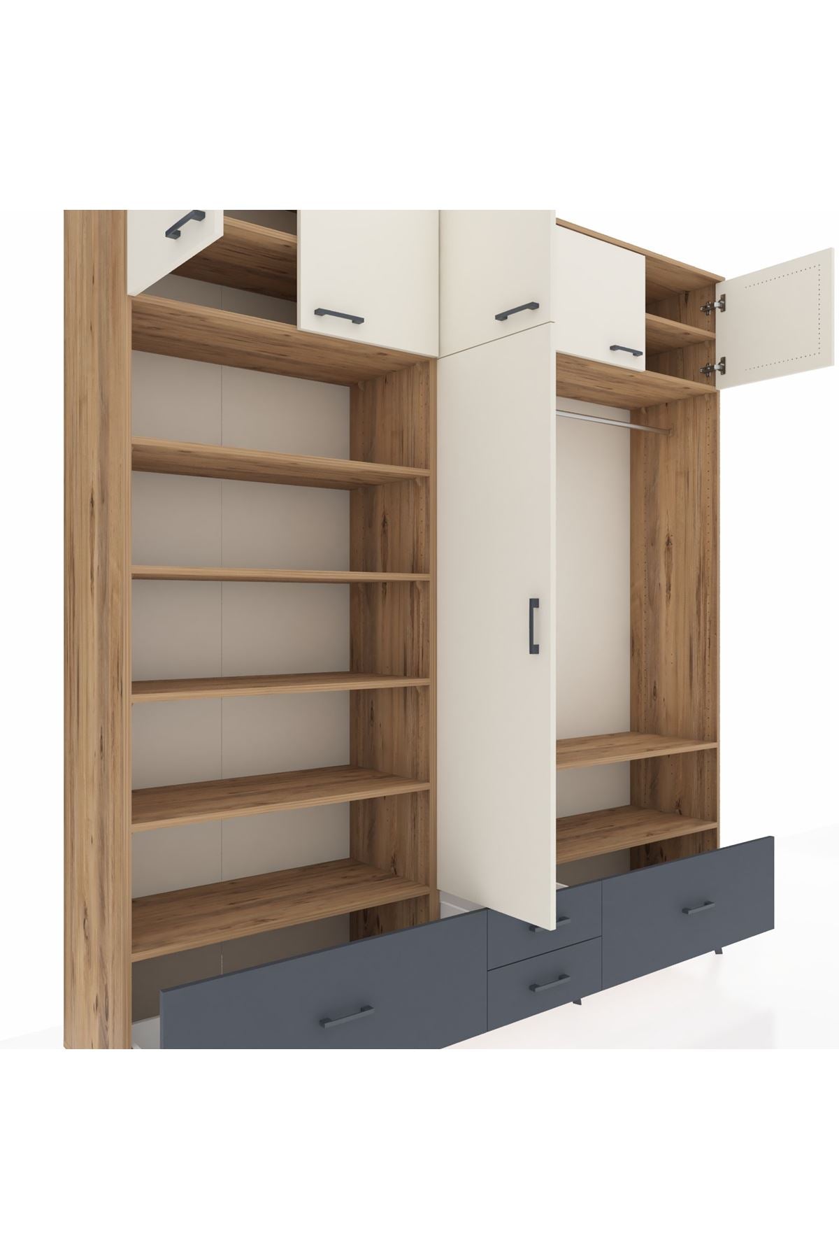 Hyperion Dolap 18 Raflı 4 Çekmeceli Tek Askılı 220x44x243 Çam-Aytaşı/Antrasit