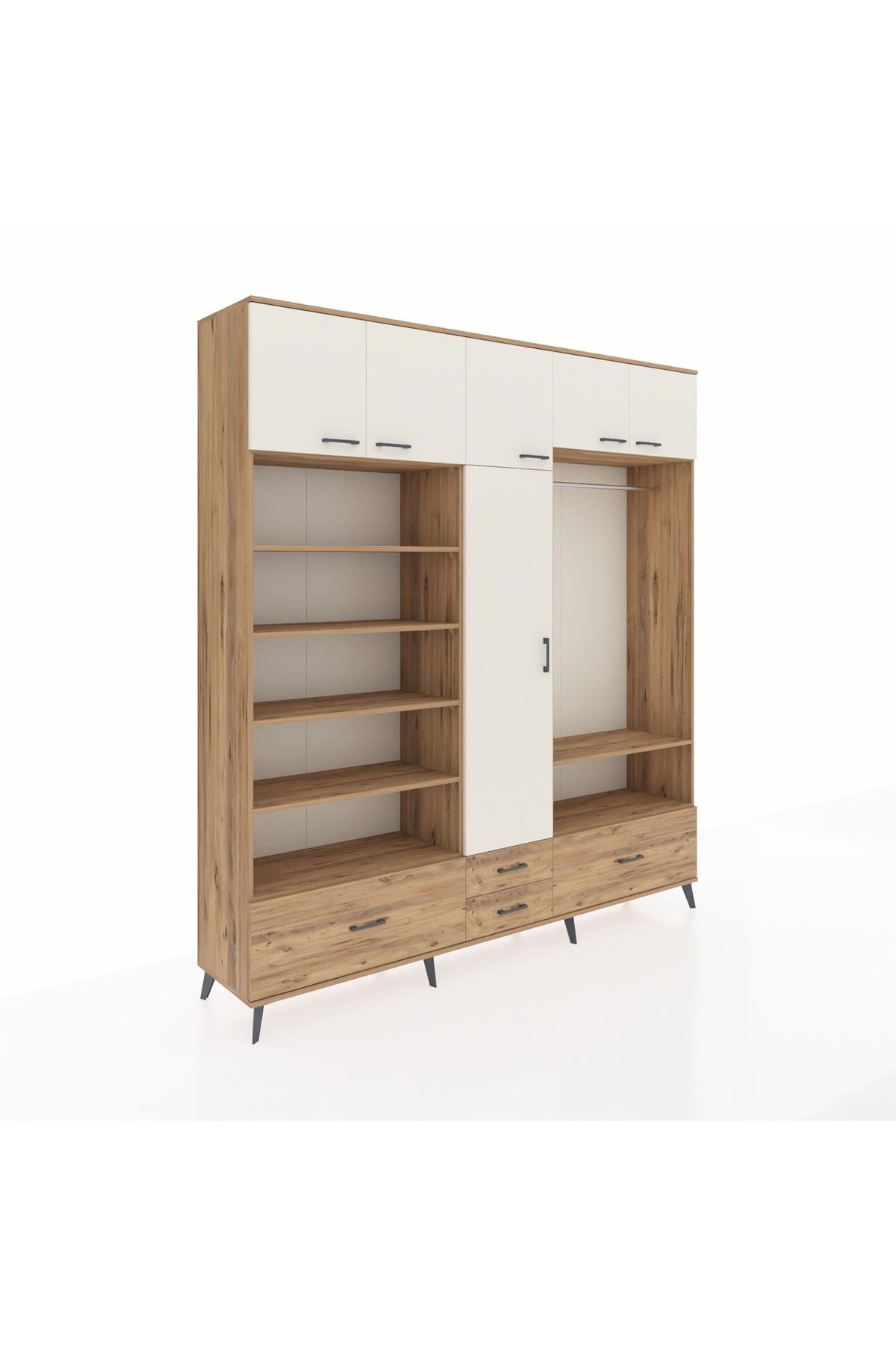 Hyperion Dolap 18 Raflı 4 Çekmeceli Tek Askılı 220x44x243 Çam-Aytaşı/Çam