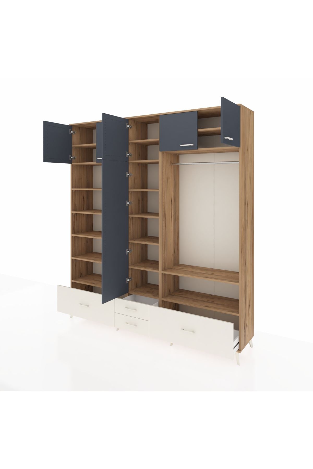 Hyperion Dolap 18 Raflı 4 Çekmeceli Tek Askılı 220x44x243 Çam-Antrasit/Aytaşı