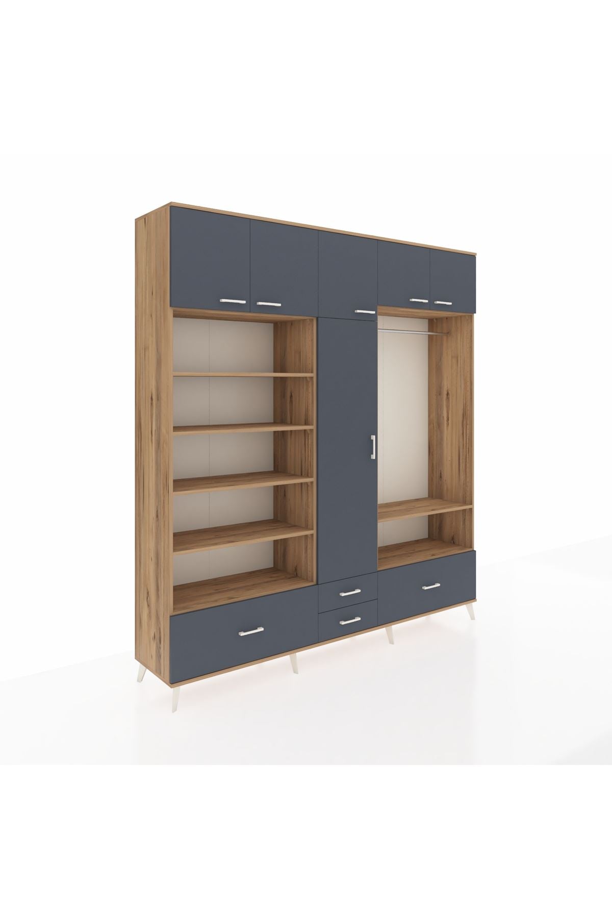 Hyperion Dolap 18 Raflı 4 Çekmeceli Tek Askılı 220x44x243 Çam-Antrasit/Antrasit