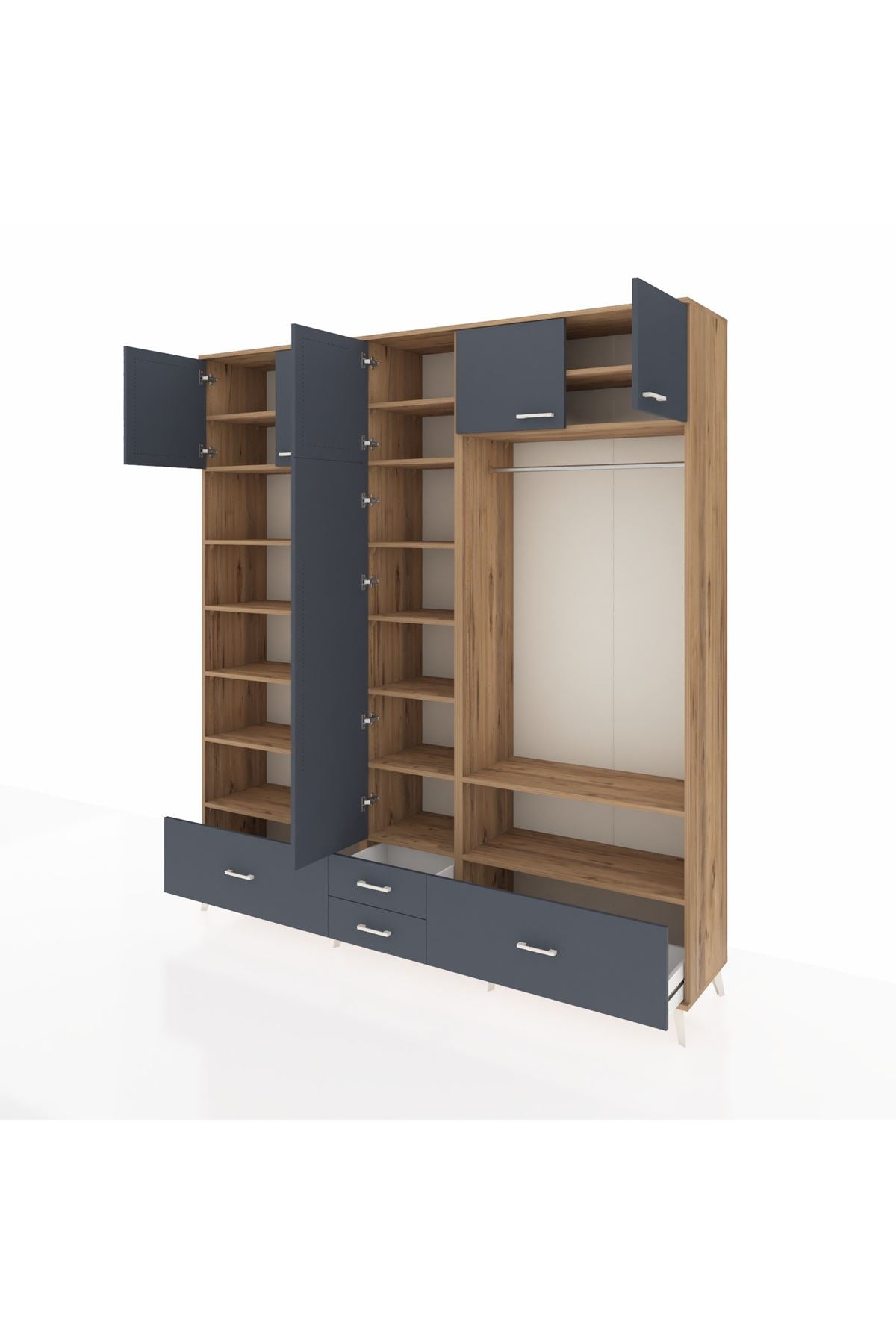 Hyperion Dolap 18 Raflı 4 Çekmeceli Tek Askılı 220x44x243 Çam-Antrasit/Antrasit