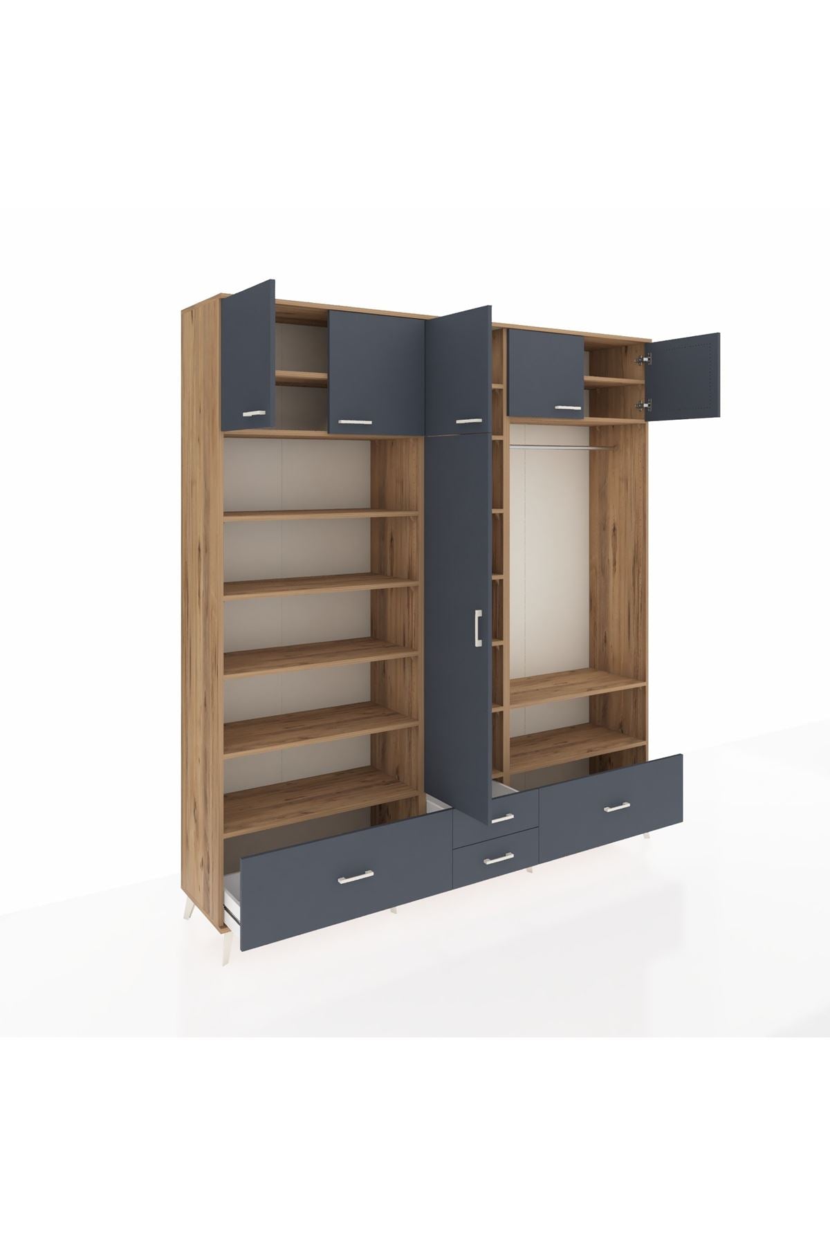 Hyperion Dolap 18 Raflı 4 Çekmeceli Tek Askılı 220x44x243 Çam-Antrasit/Antrasit