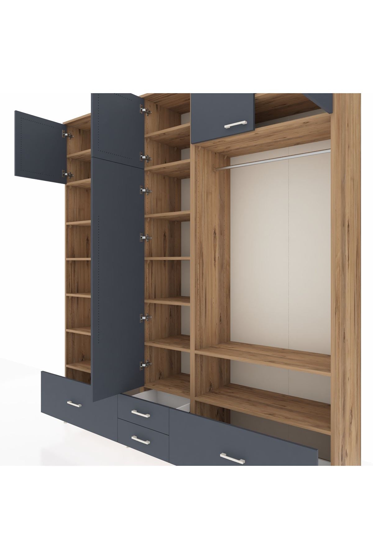 Hyperion Dolap 18 Raflı 4 Çekmeceli Tek Askılı 220x44x243 Çam-Antrasit/Antrasit