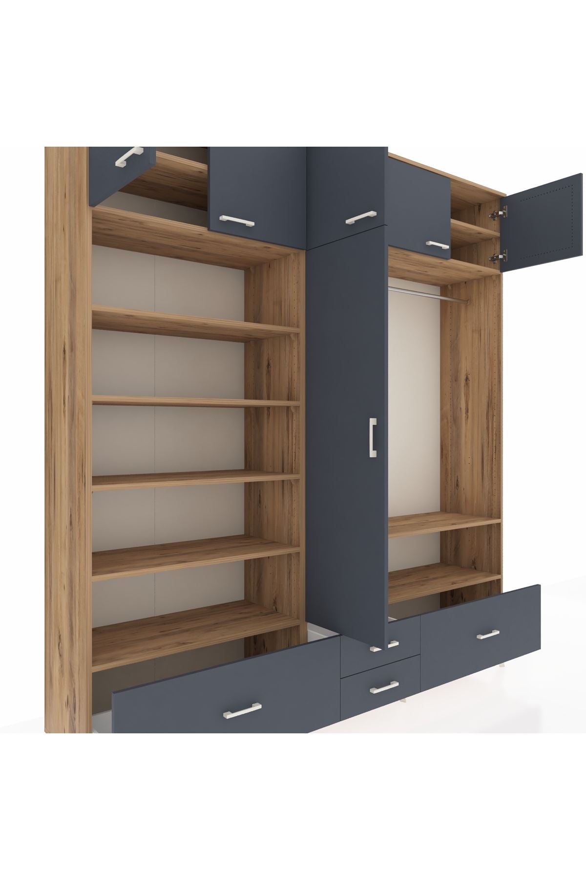 Hyperion Dolap 18 Raflı 4 Çekmeceli Tek Askılı 220x44x243 Çam-Antrasit/Antrasit