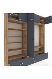 Hyperion Dolap 18 Raflı 4 Çekmeceli Tek Askılı 220x44x243 Çam-Antrasit/Antrasit