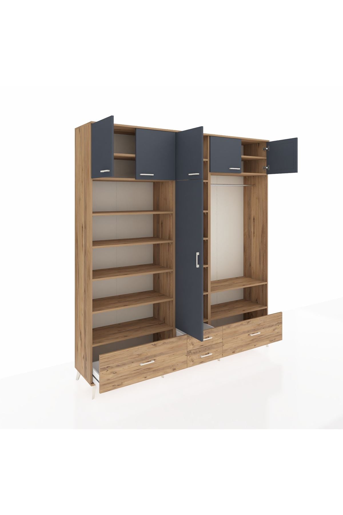 Hyperion Dolap 18 Raflı 4 Çekmeceli Tek Askılı 220x44x243 Çam-Antrasit/Çam