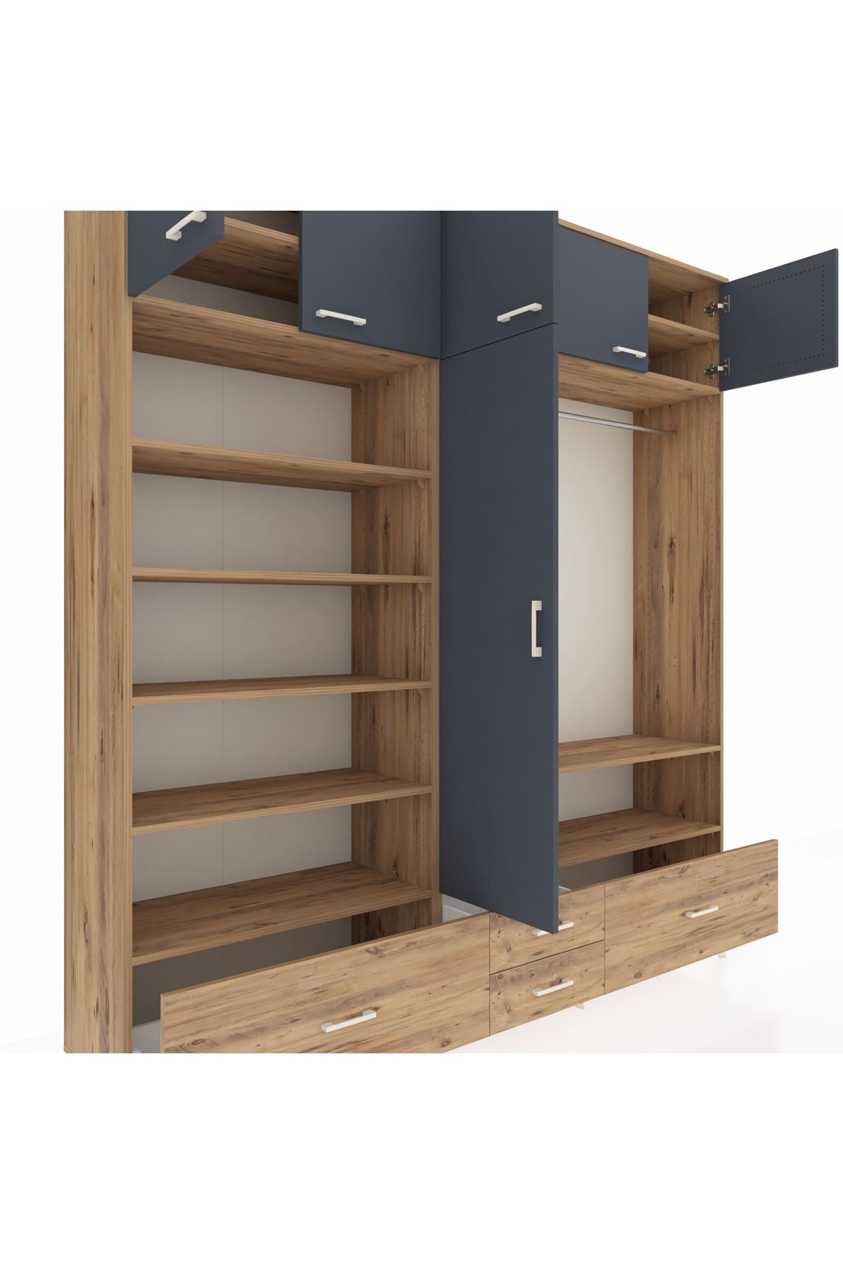 Hyperion Dolap 18 Raflı 4 Çekmeceli Tek Askılı 220x44x243 Çam-Antrasit/Çam