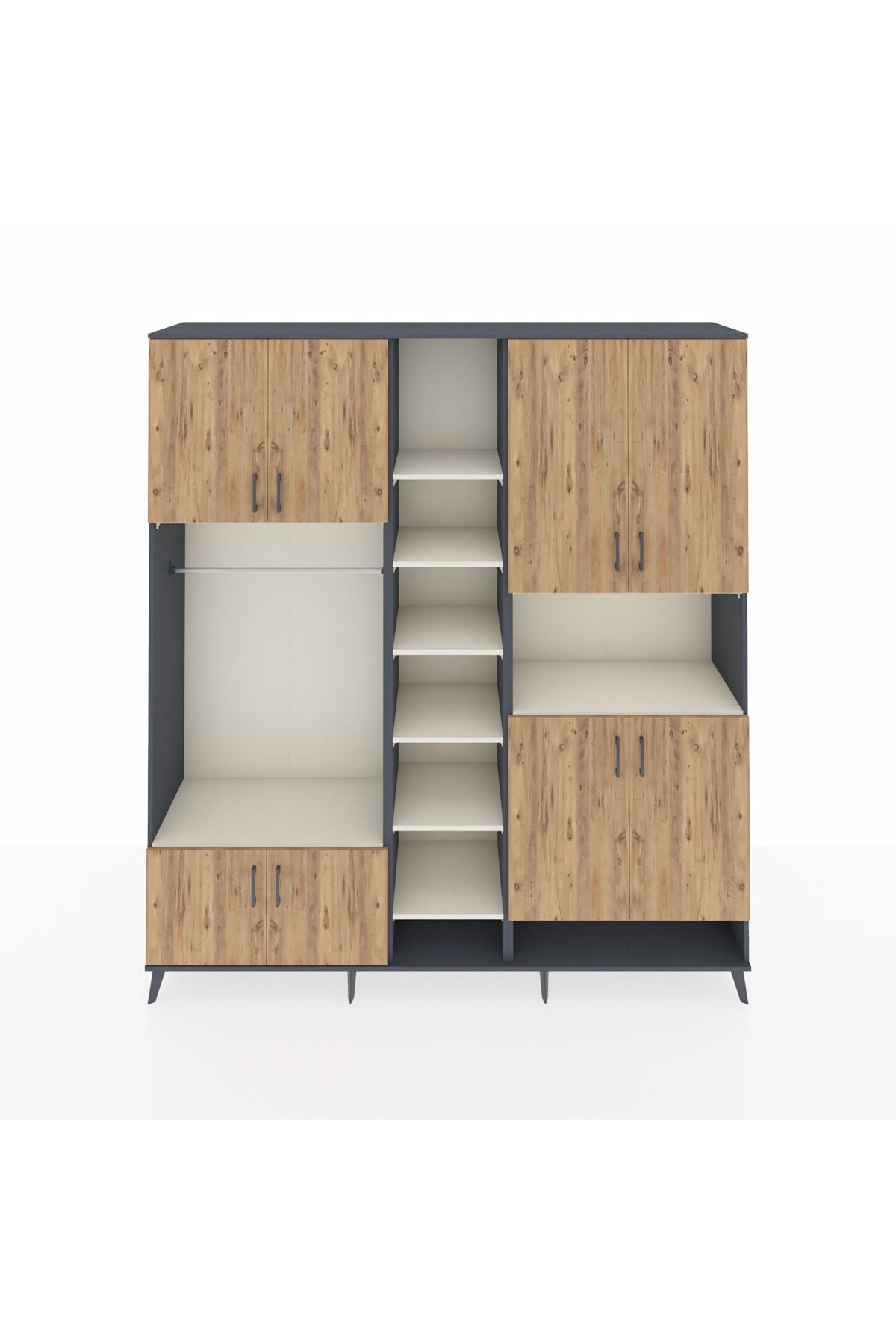 Hyperion Dolap 18 Raflı 8 Kapaklı Tek Askılı 220x44x243 Antrasit-Çam/Aytaşı