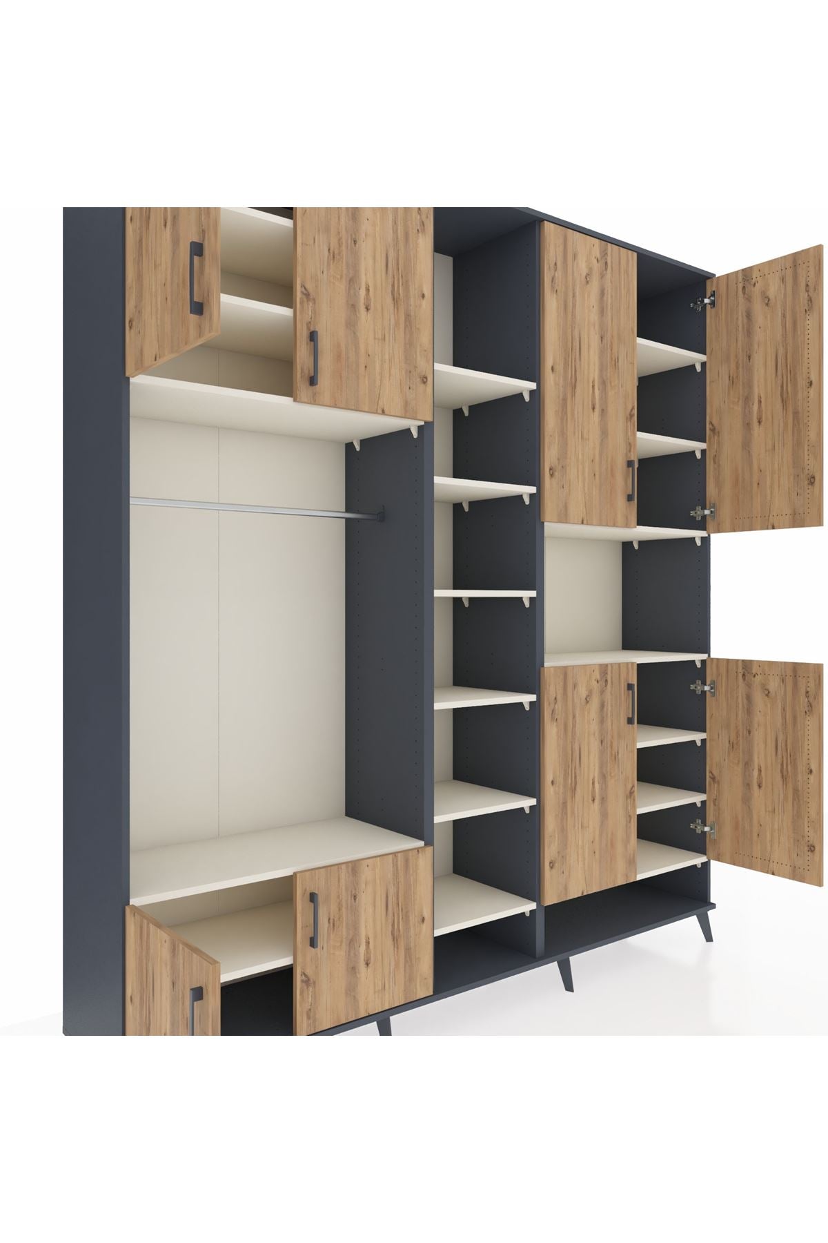 Hyperion Dolap 18 Raflı 8 Kapaklı Tek Askılı 220x44x243 Antrasit-Çam/Aytaşı