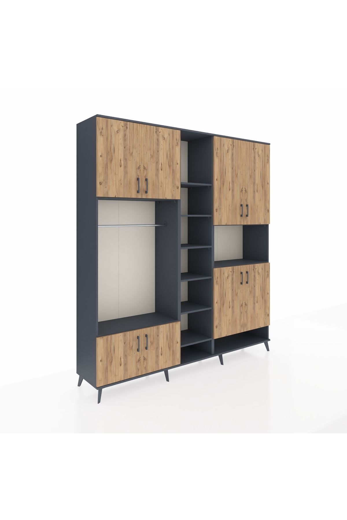 Hyperion Dolap 18 Raflı 8 Kapaklı Tek Askılı 220x44x243 Antrasit-Çam/Antrasit