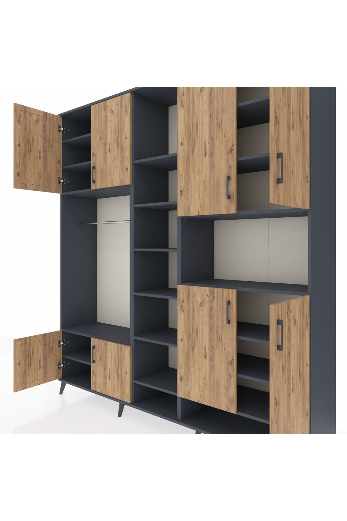 Hyperion Dolap 18 Raflı 8 Kapaklı Tek Askılı 220x44x243 Antrasit-Çam/Antrasit