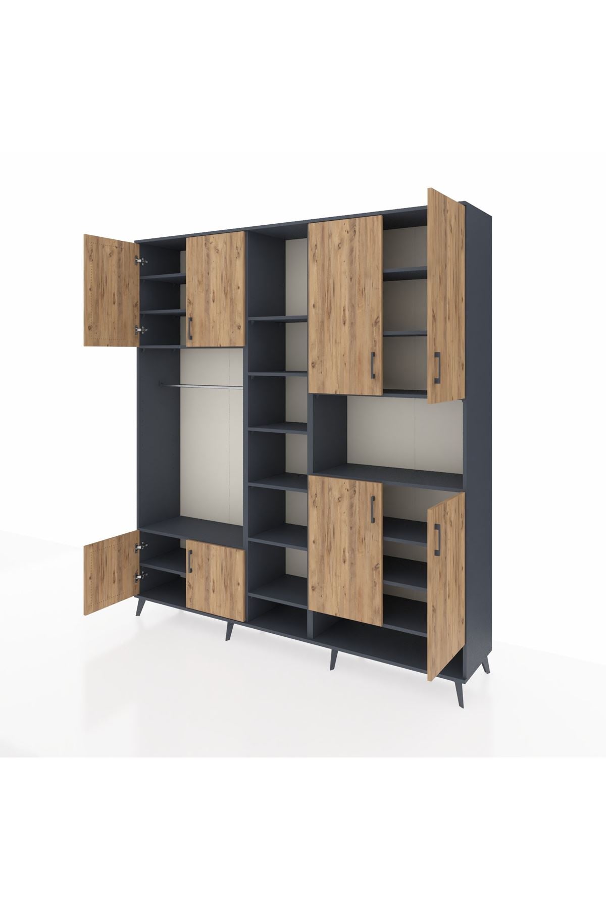 Hyperion Dolap 18 Raflı 8 Kapaklı Tek Askılı 220x44x243 Antrasit-Çam/Antrasit