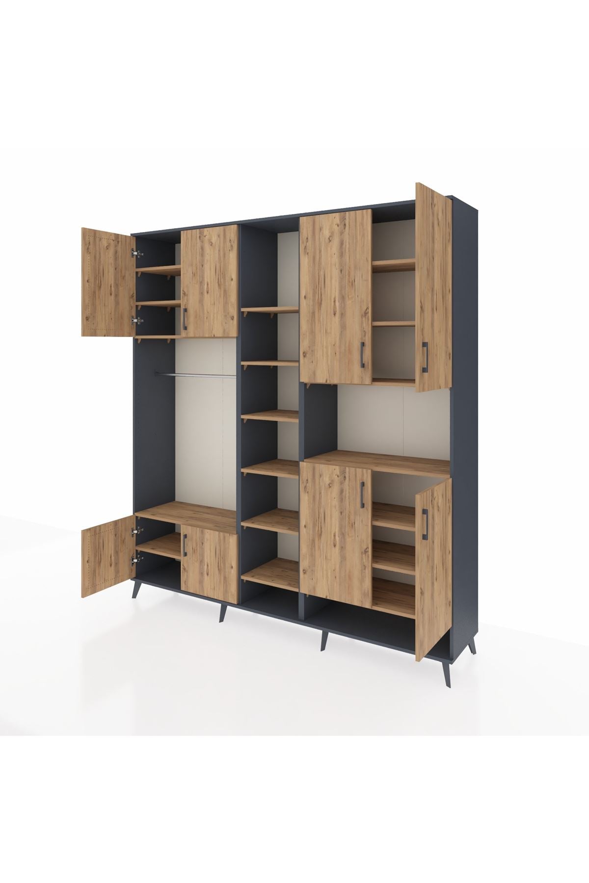 Hyperion Dolap 18 Raflı 8 Kapaklı Tek Askılı 220x44x243 Antrasit-Çam/Çam