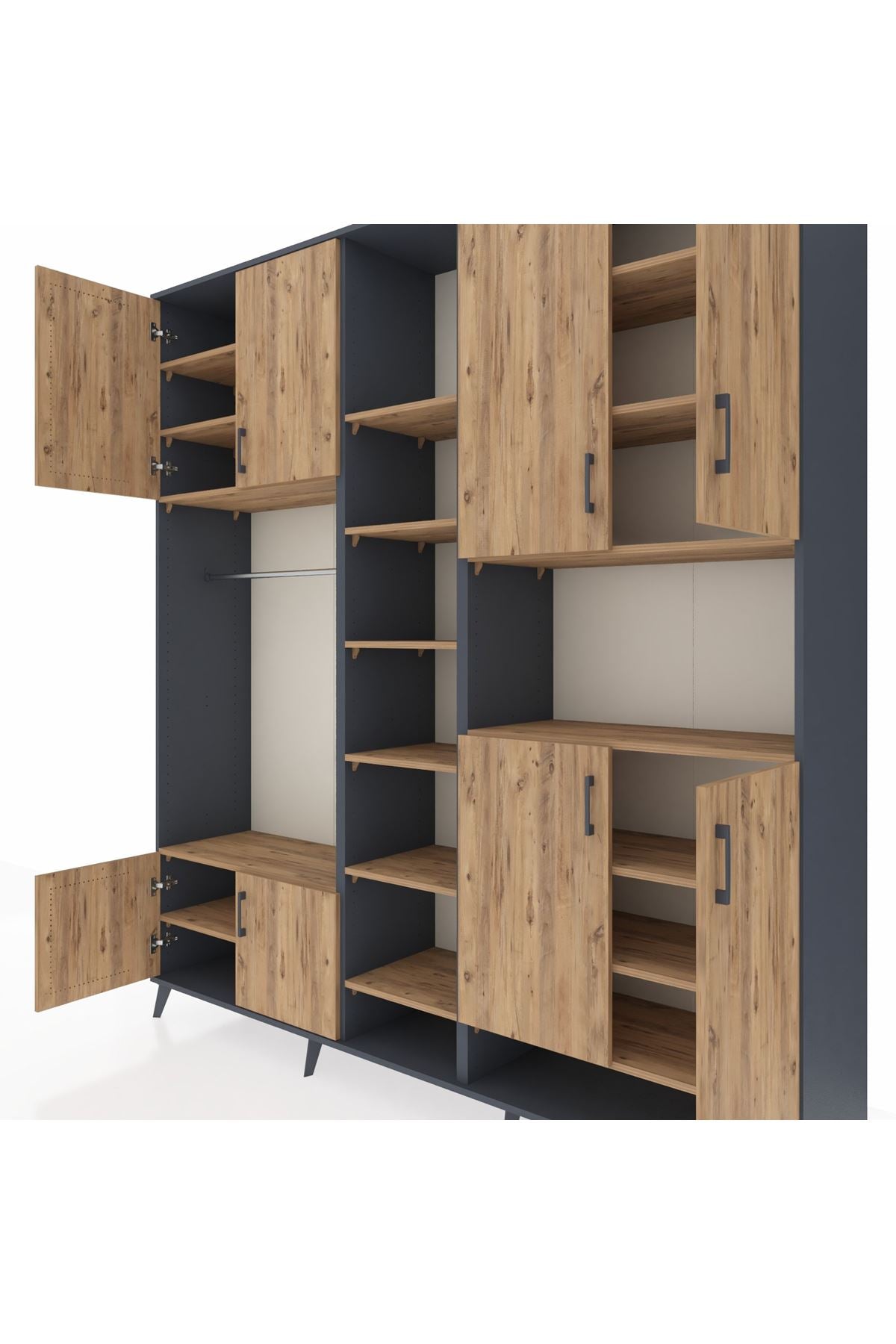 Hyperion Dolap 18 Raflı 8 Kapaklı Tek Askılı 220x44x243 Antrasit-Çam/Çam