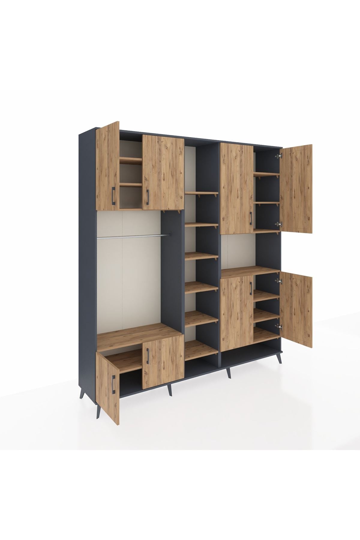 Hyperion Dolap 18 Raflı 8 Kapaklı Tek Askılı 220x44x243 Antrasit-Çam/Çam