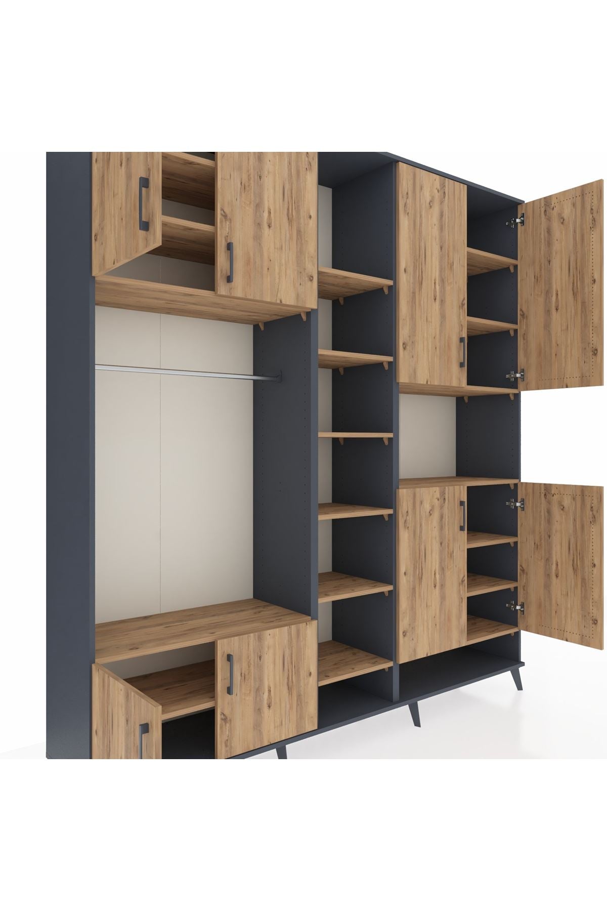 Hyperion Dolap 18 Raflı 8 Kapaklı Tek Askılı 220x44x243 Antrasit-Çam/Çam