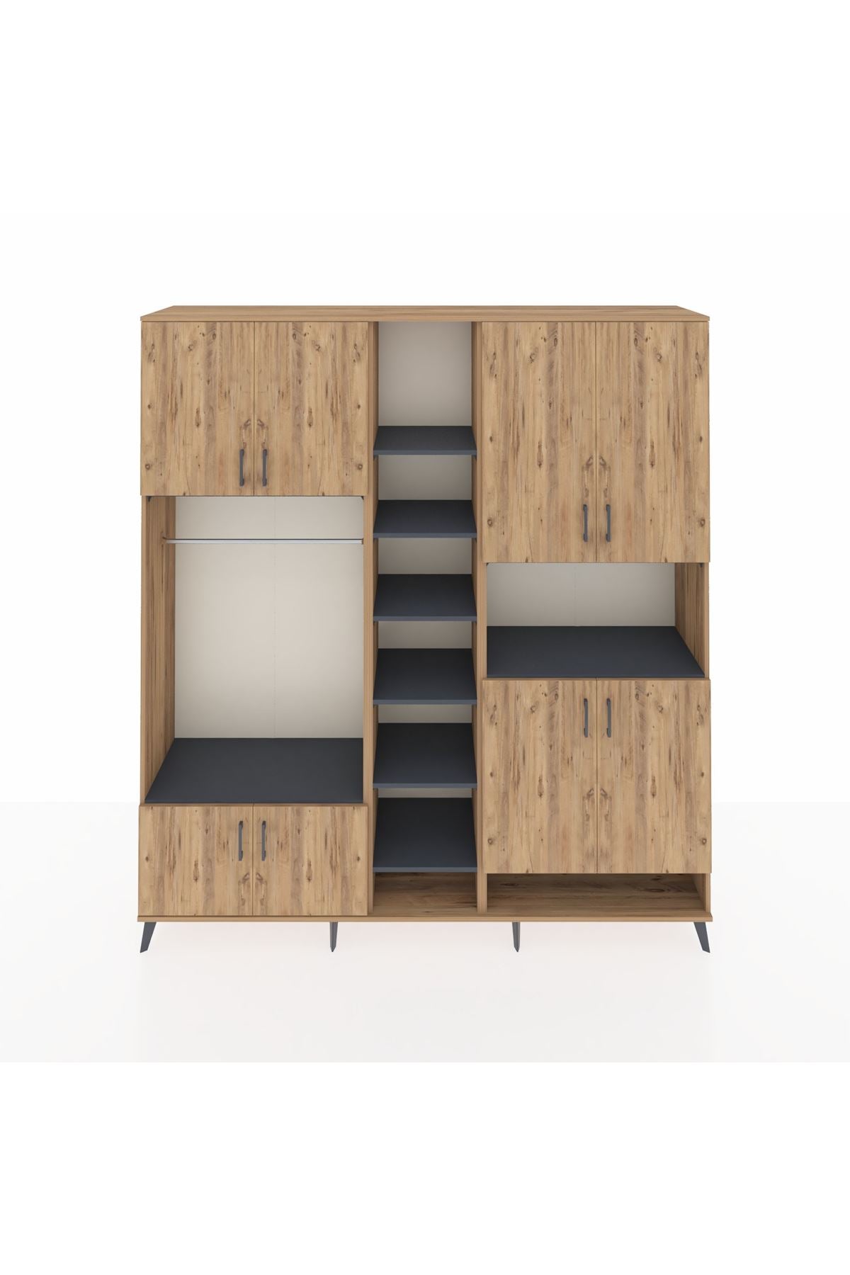 Hyperion Dolap 18 Raflı 8 Kapaklı Tek Askılı 220x44x243 Çam-Çam/Antrasit