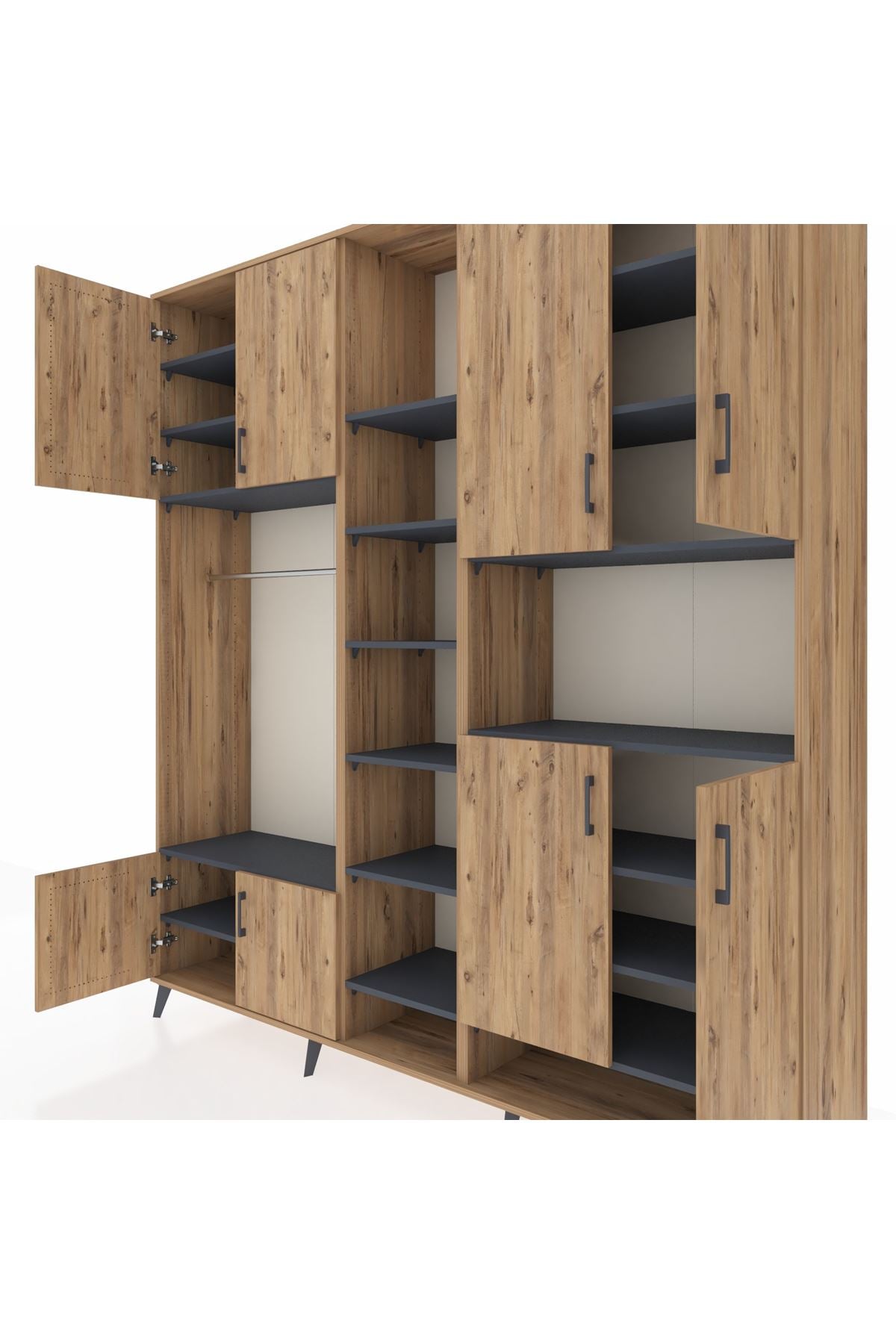 Hyperion Dolap 18 Raflı 8 Kapaklı Tek Askılı 220x44x243 Çam-Çam/Antrasit