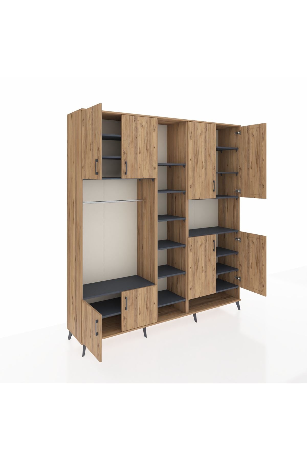 Hyperion Dolap 18 Raflı 8 Kapaklı Tek Askılı 220x44x243 Çam-Çam/Antrasit