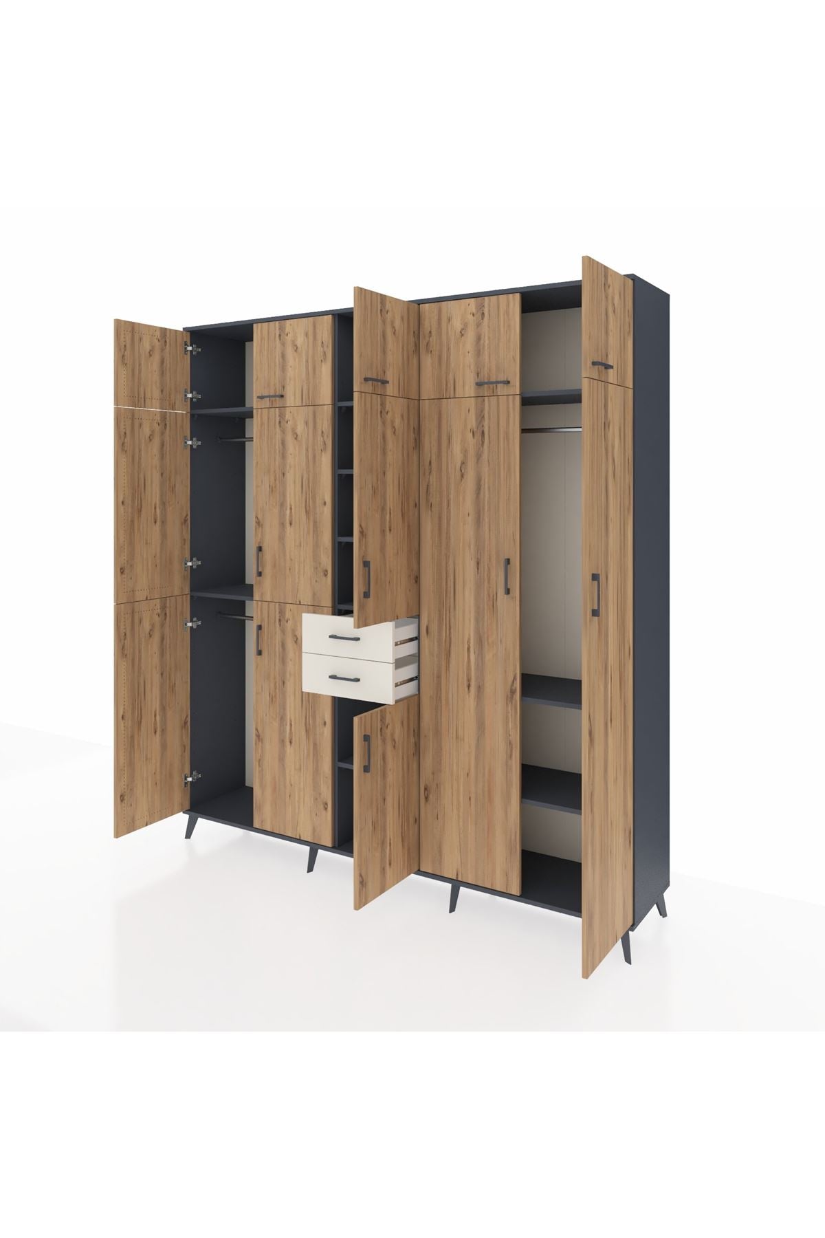 Hyperion Dolap 10 Raflı 2 Çekmeceli 3 Askılı 220x44x243 Antrasit-Çam/Aytaşı