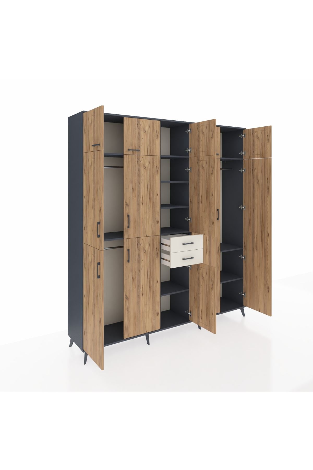 Hyperion Dolap 10 Raflı 2 Çekmeceli 3 Askılı 220x44x243 Antrasit-Çam/Aytaşı