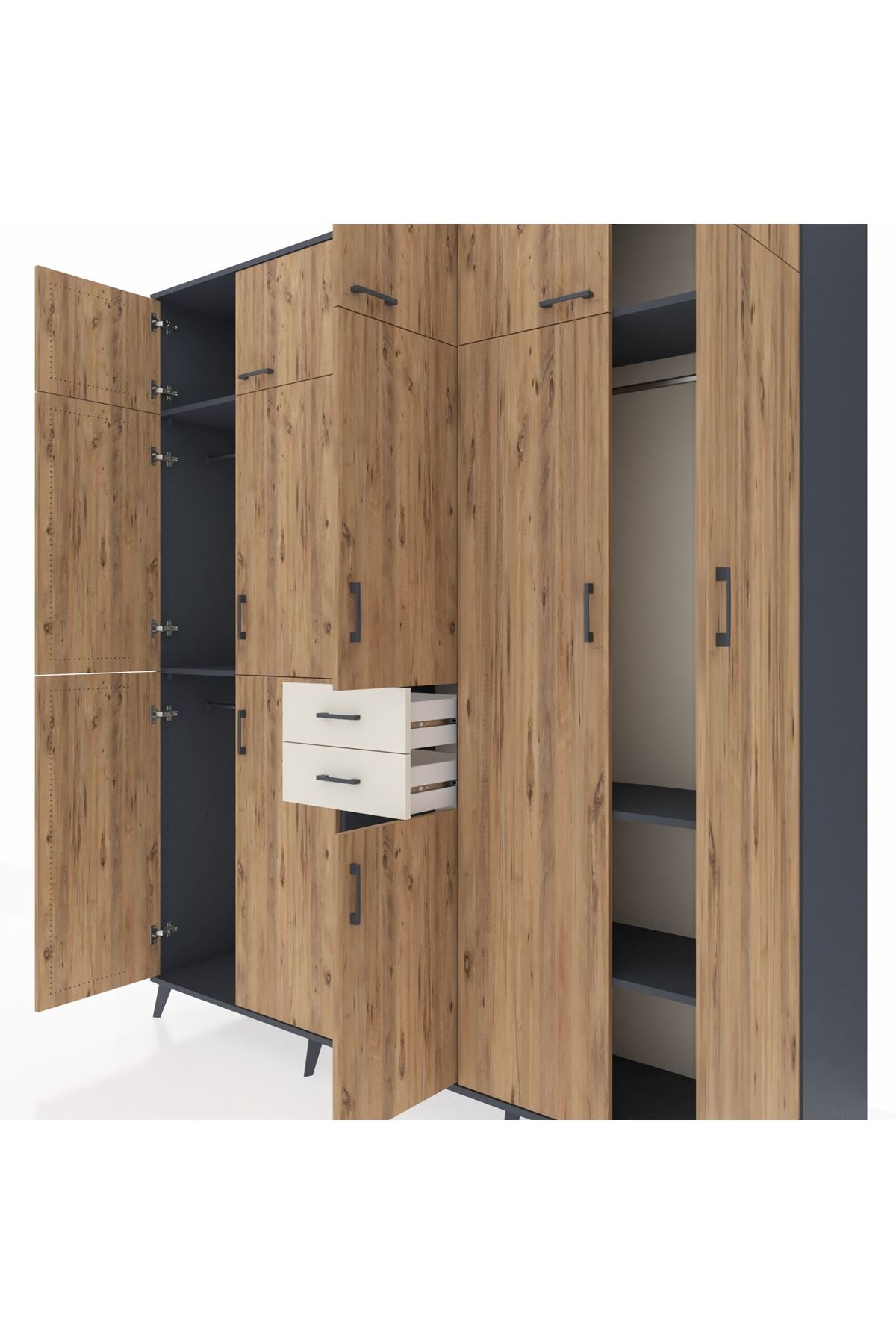 Hyperion Dolap 10 Raflı 2 Çekmeceli 3 Askılı 220x44x243 Antrasit-Çam/Aytaşı