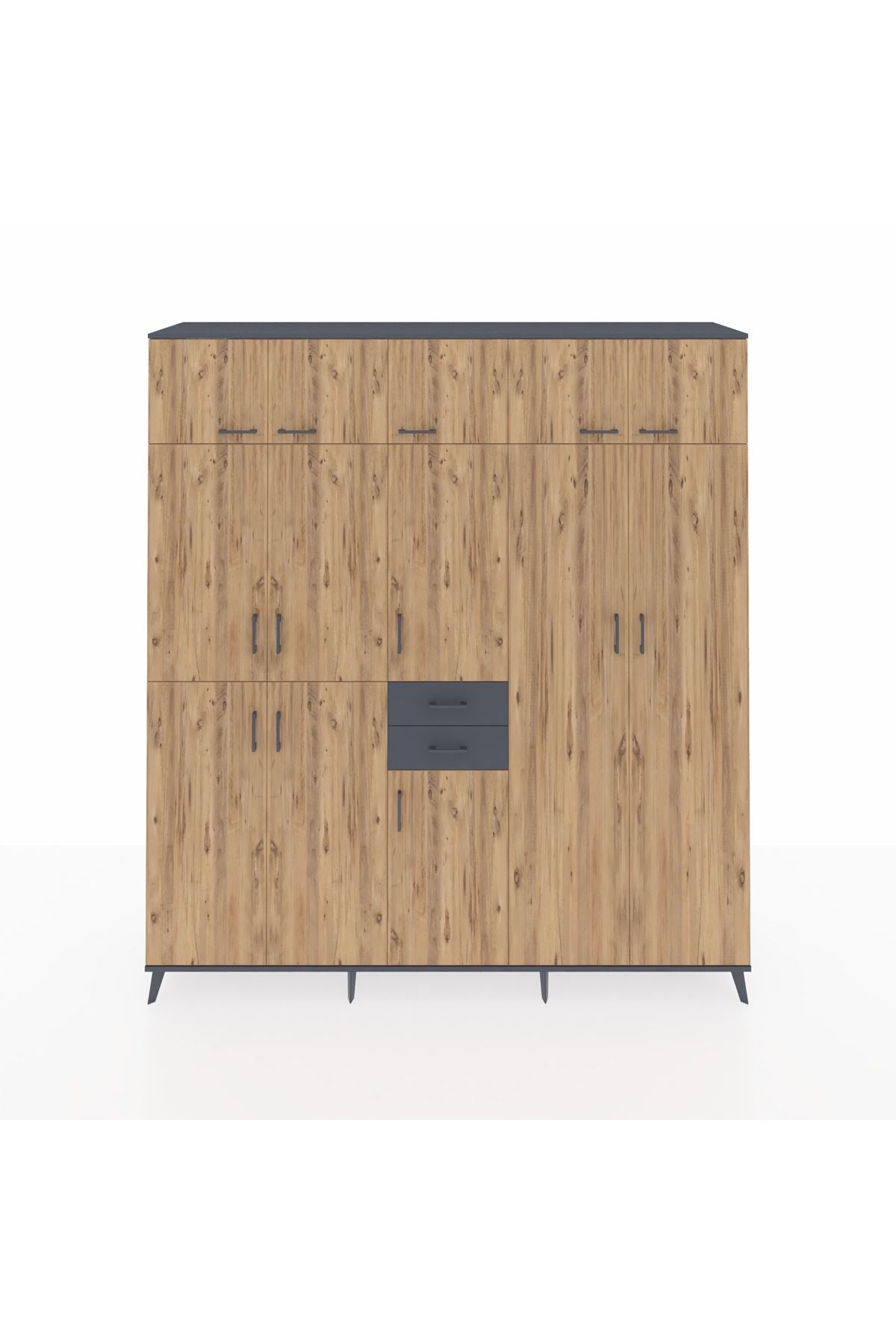 Hyperion Dolap 10 Raflı 2 Çekmeceli 3 Askılı 220x44x243 Antrasit-Çam/Antrasit