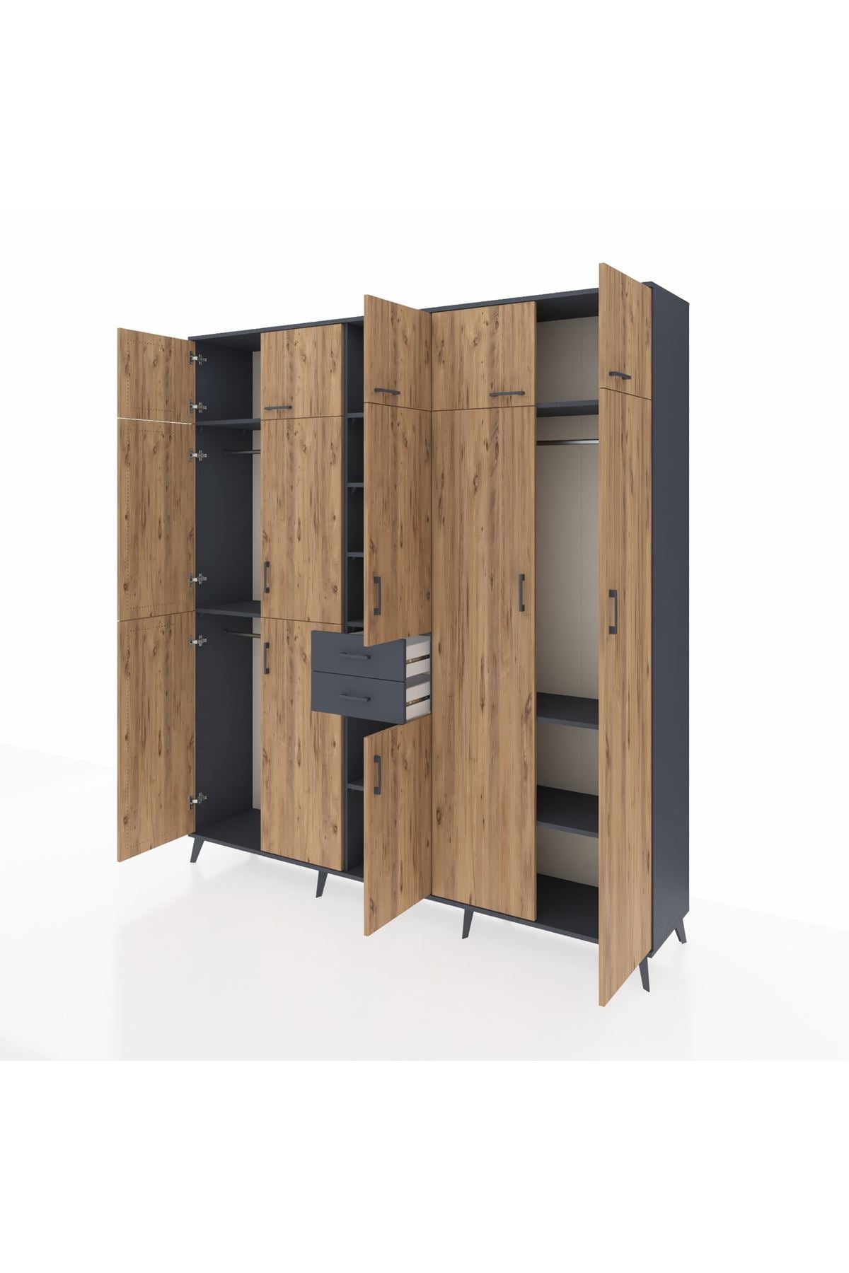 Hyperion Dolap 10 Raflı 2 Çekmeceli 3 Askılı 220x44x243 Antrasit-Çam/Antrasit