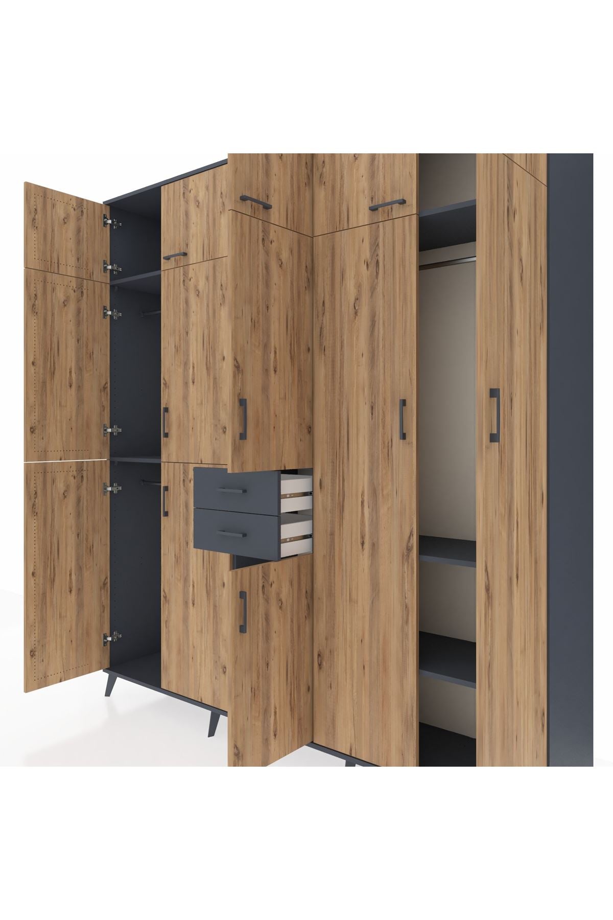 Hyperion Dolap 10 Raflı 2 Çekmeceli 3 Askılı 220x44x243 Antrasit-Çam/Antrasit