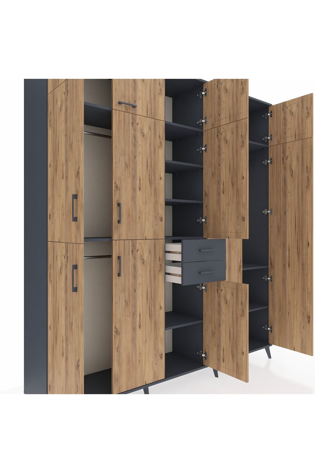 Hyperion Dolap 10 Raflı 2 Çekmeceli 3 Askılı 220x44x243 Antrasit-Çam/Antrasit