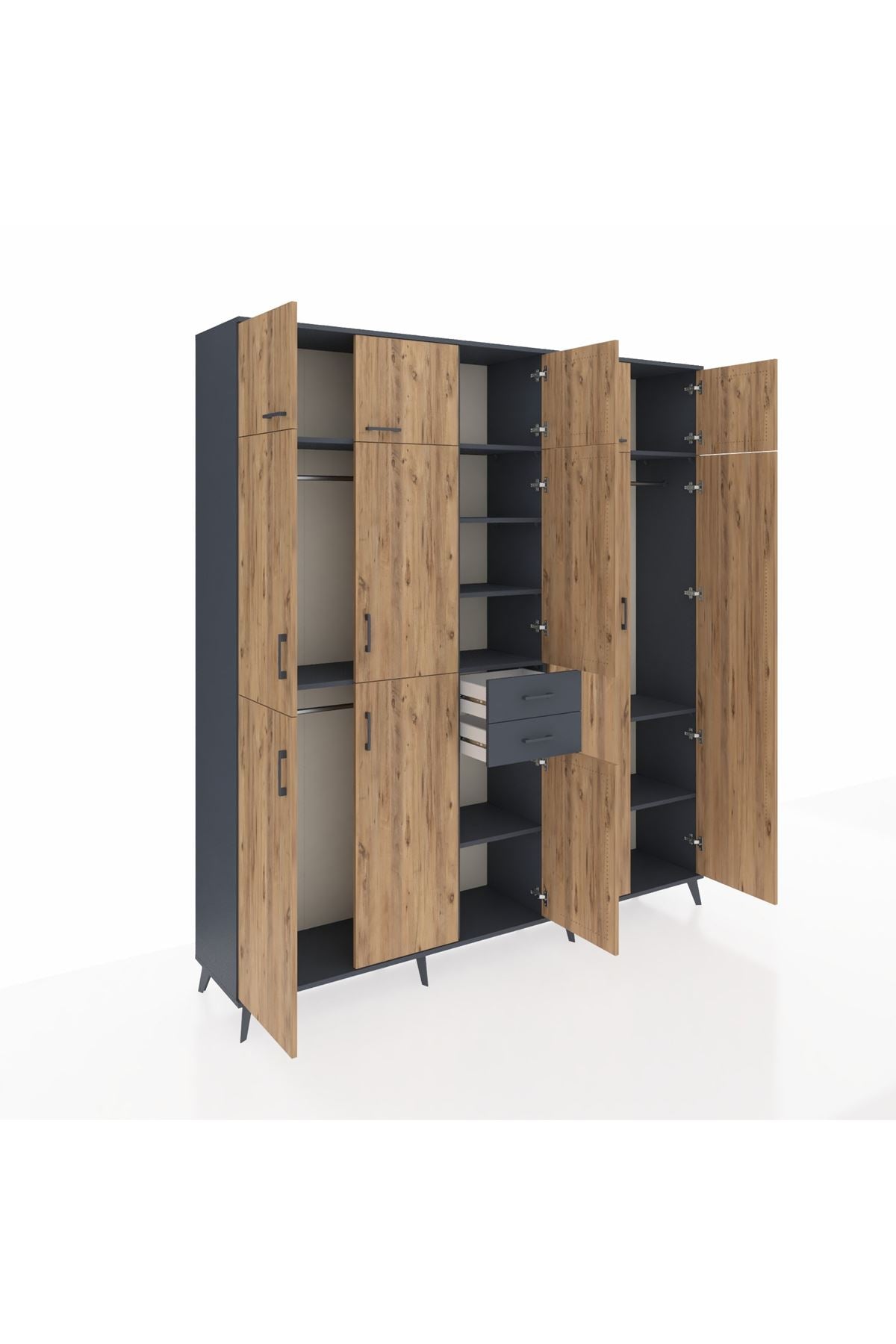 Hyperion Dolap 10 Raflı 2 Çekmeceli 3 Askılı 220x44x243 Antrasit-Çam/Antrasit