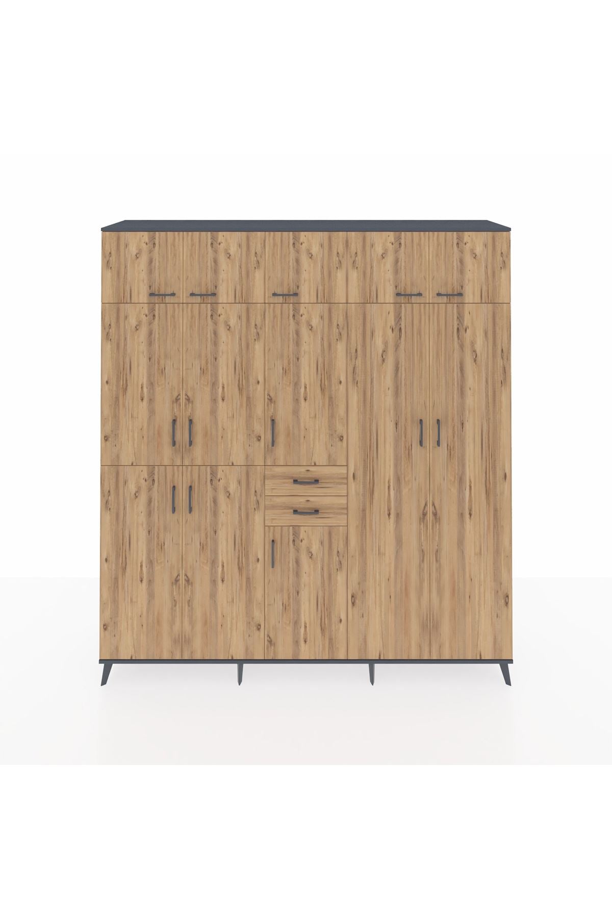 Hyperion Dolap 10 Raflı 2 Çekmeceli 3 Askılı 220x44x243 Antrasit-Çam/Çam