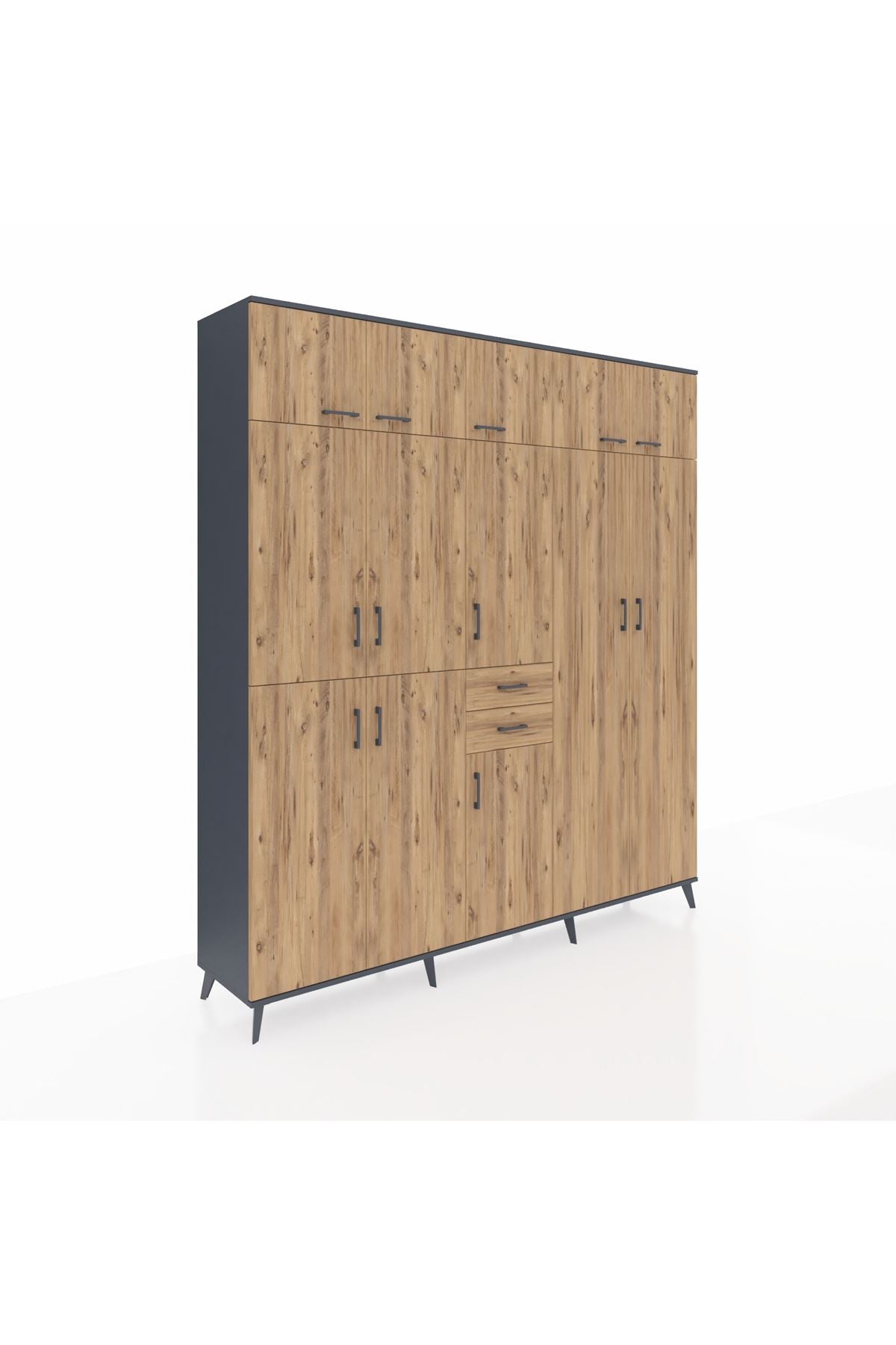 Hyperion Dolap 10 Raflı 2 Çekmeceli 3 Askılı 220x44x243 Antrasit-Çam/Çam