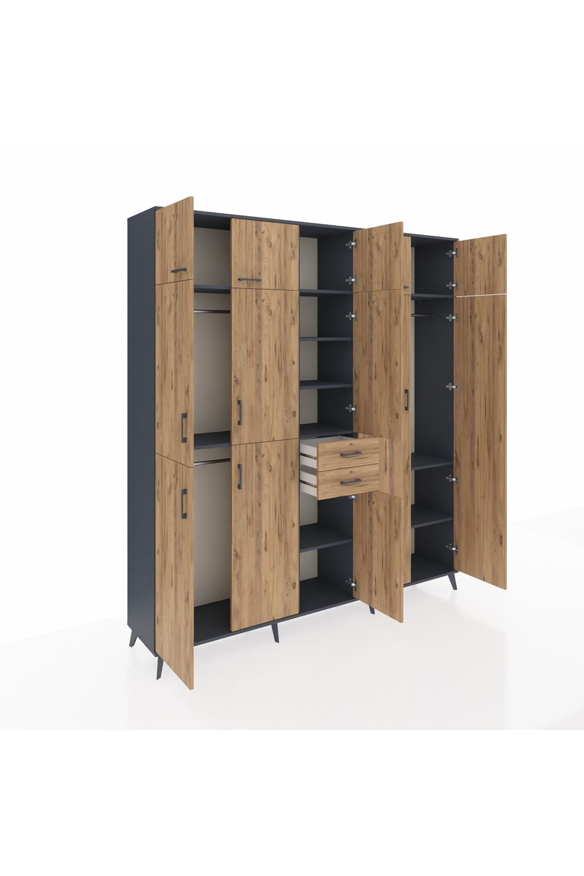 Hyperion Dolap 10 Raflı 2 Çekmeceli 3 Askılı 220x44x243 Antrasit-Çam/Çam